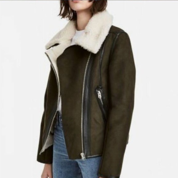 H&M Dark Green Leather Jacket with Cream Shearling - Picture 1 of 5